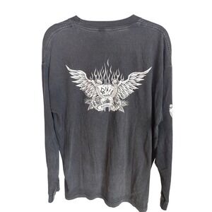 Vintage Y2K Bullhead Long Sleeve Graphic Tee Black Wings Ace of Spades Flames